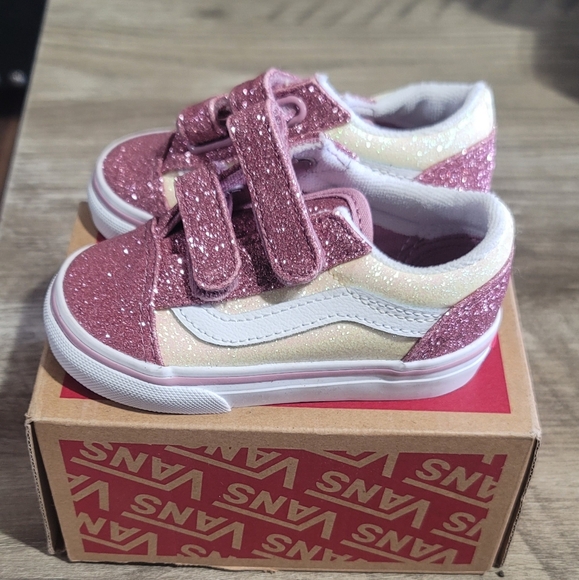(SOLD) Vans Glittery Pink and White Kids Sneakers - Picture 2 of 5